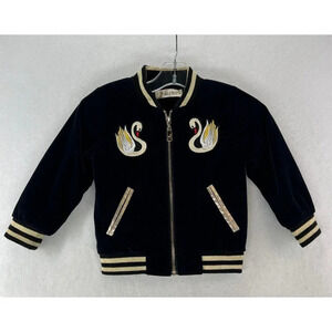 Doe A Dear Bomber Jacket Girls Toddler Sz 2T Swan Velvet Metallic Full Zip Blue